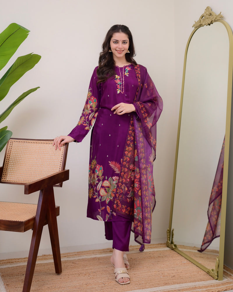 Purple Handwork Muslin Festive Suit