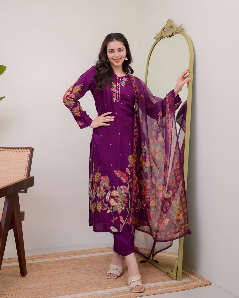 Purple Handwork Muslin Festive Suit