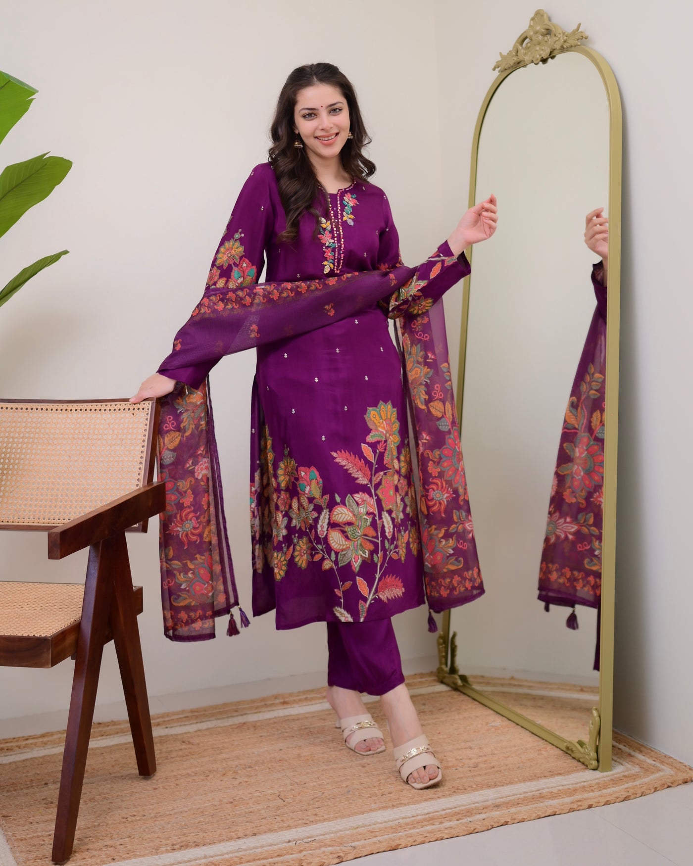 Purple Handwork Muslin Festive Suit