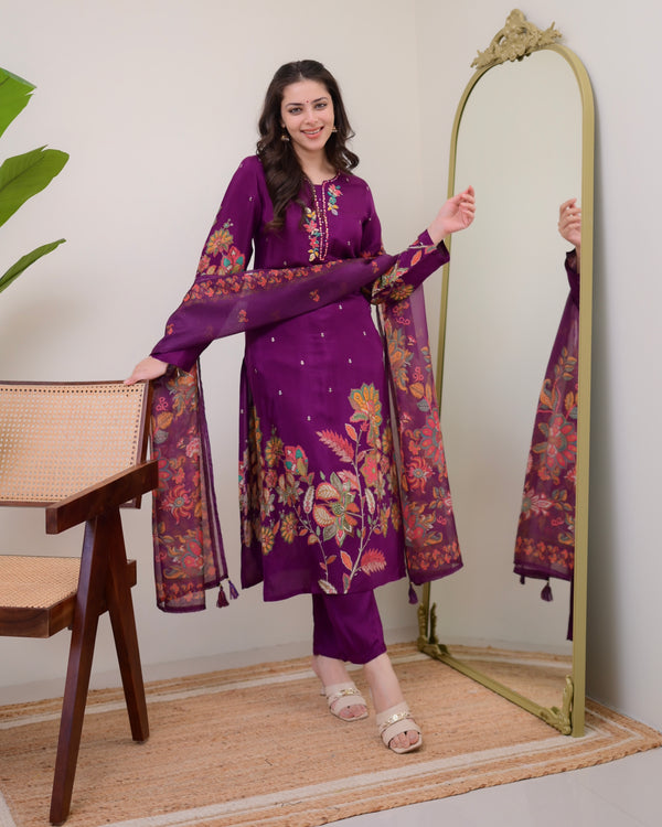 Purple Handwork Muslin Festive Suit