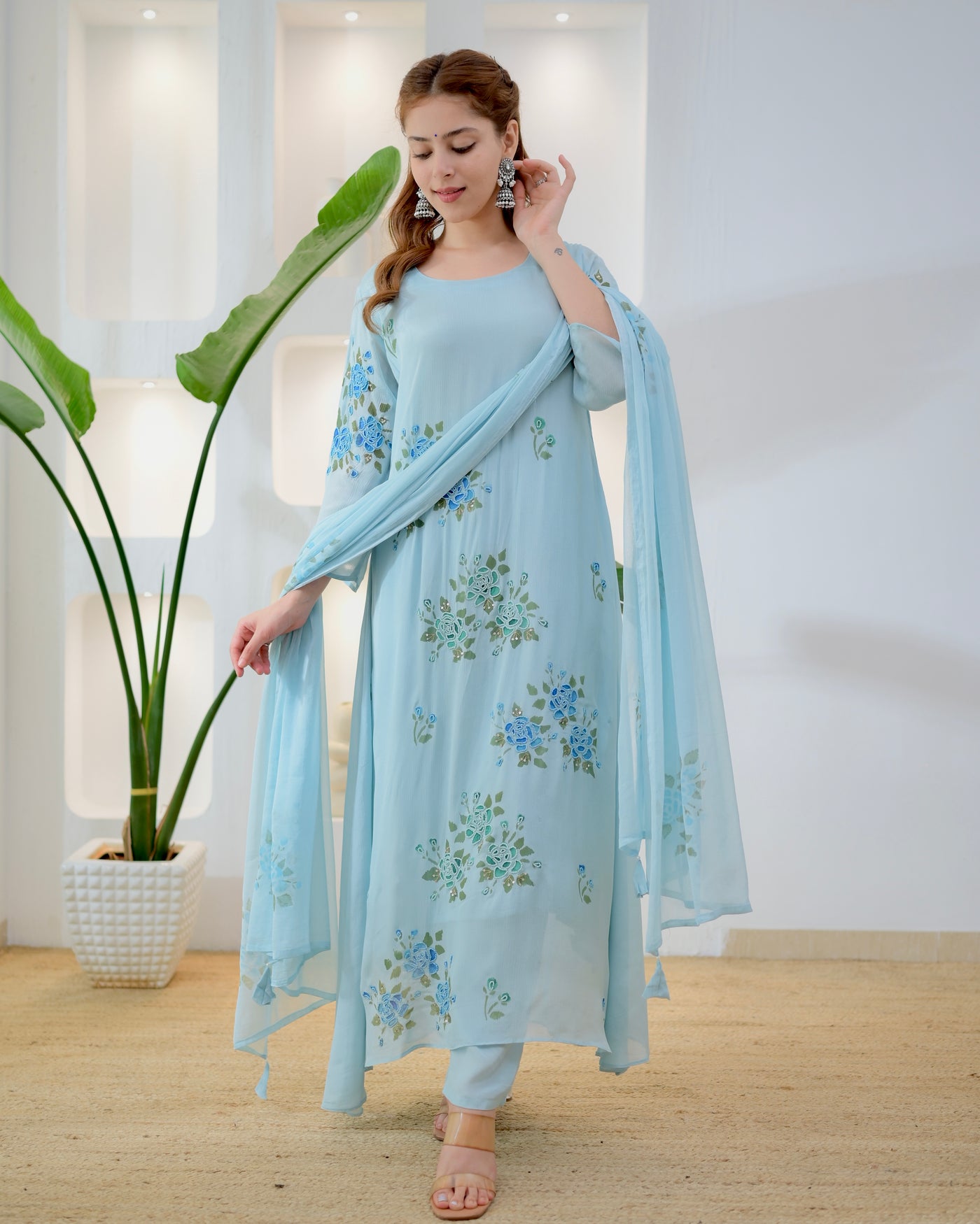 Aqua Rose Garden Handwork Chinnon Suit