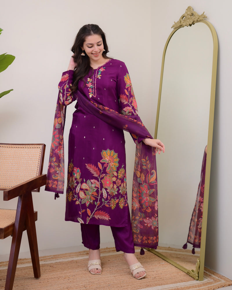 Purple Handwork Muslin Festive Suit