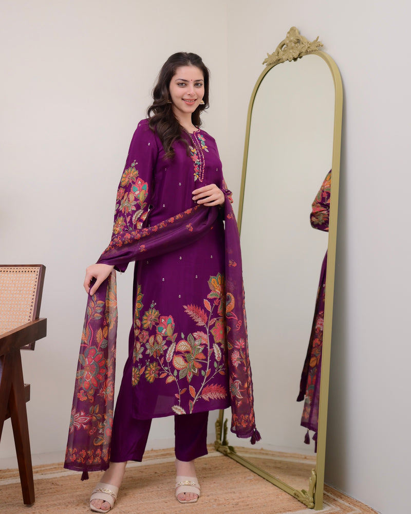 Purple Handwork Muslin Festive Suit
