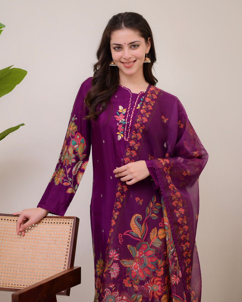 Purple Handwork Muslin Festive Suit