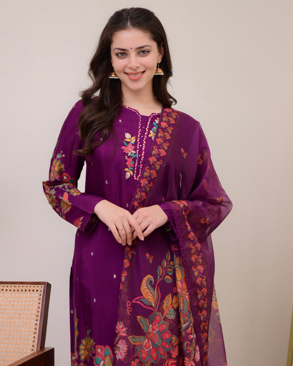Purple Handwork Muslin Festive Suit