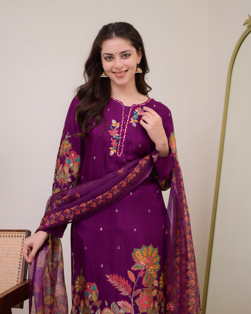 Purple Handwork Muslin Festive Suit