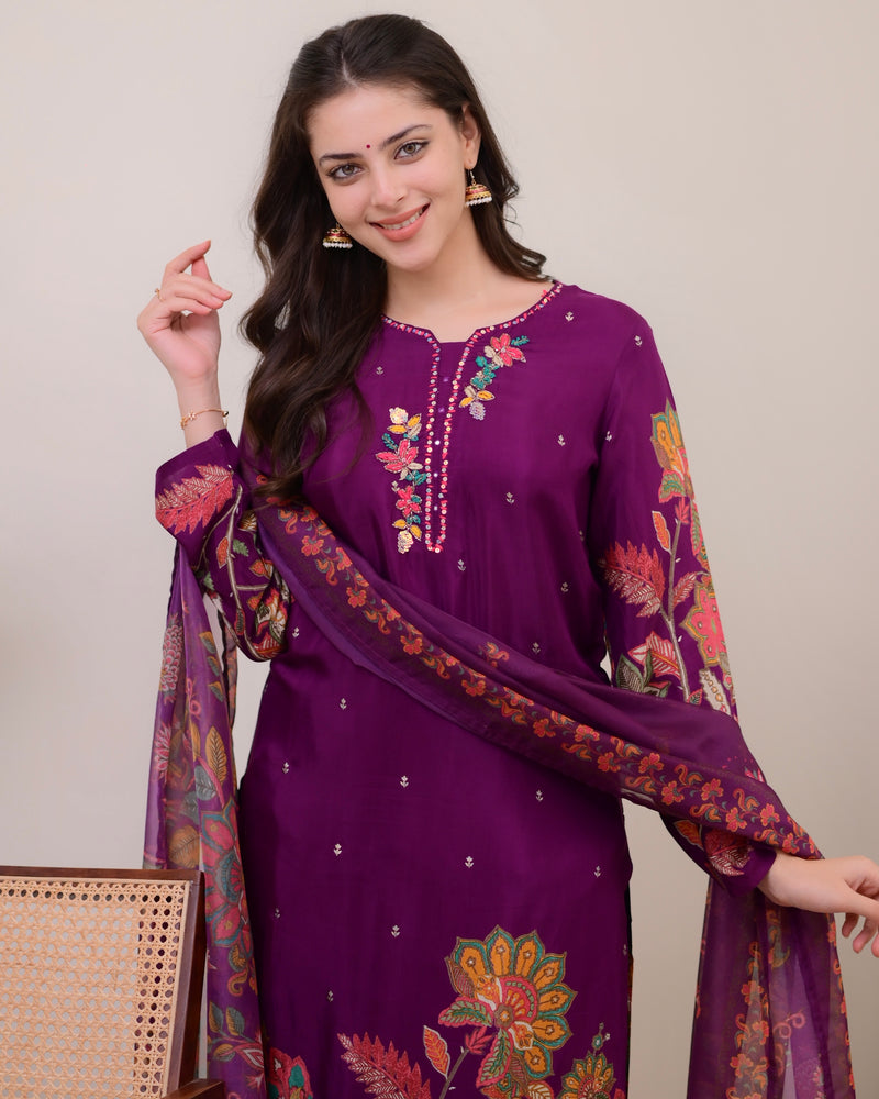 Purple Handwork Muslin Festive Suit