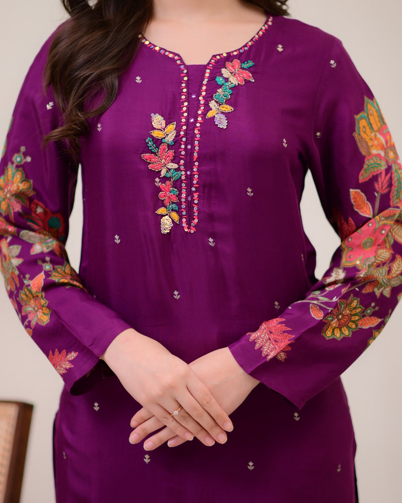 Purple Handwork Muslin Festive Suit