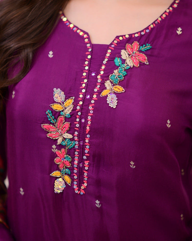 Purple Handwork Muslin Festive Suit