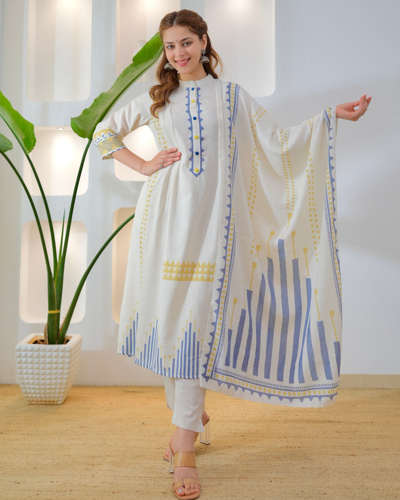 Ivory Mustard Indigo Muse Cotton A Line Suit