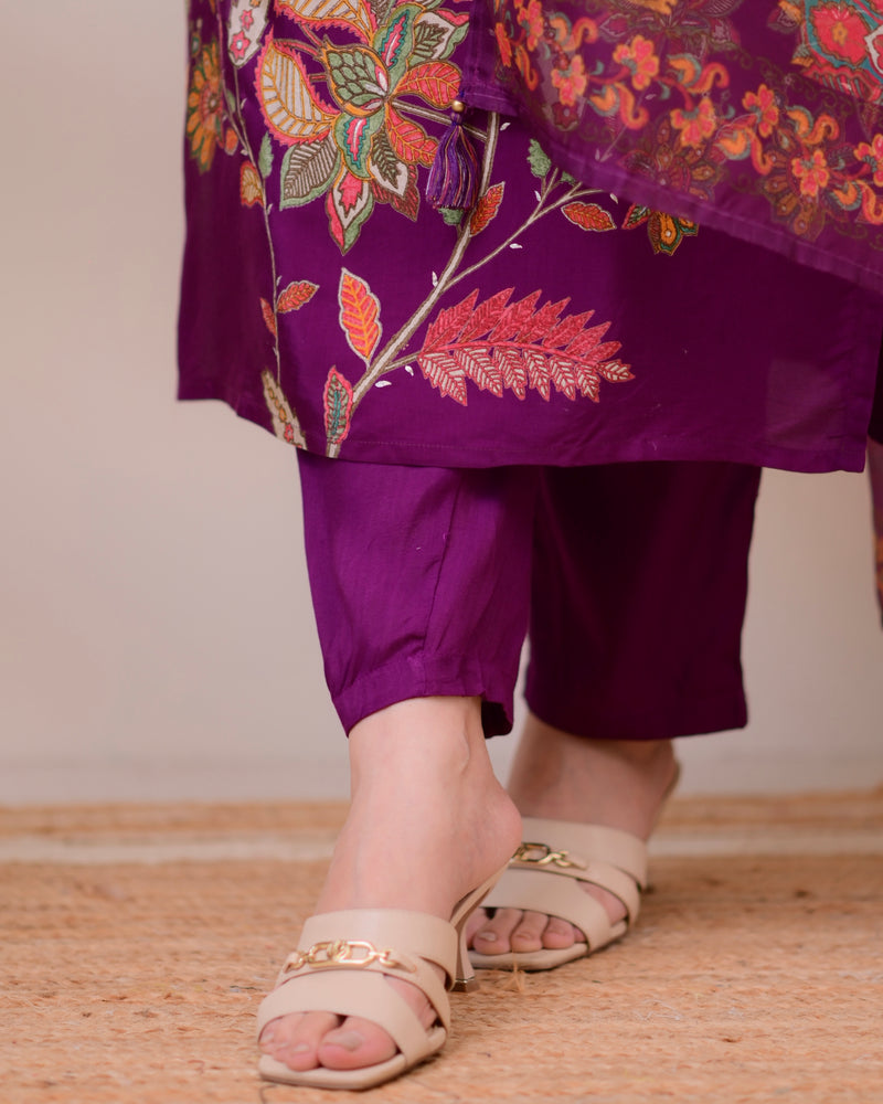 Purple Handwork Muslin Festive Suit