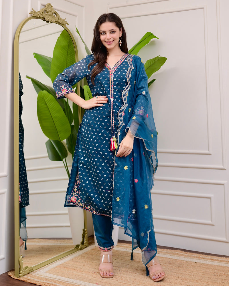 Rama Blue Muslin Handwork Festive Suit