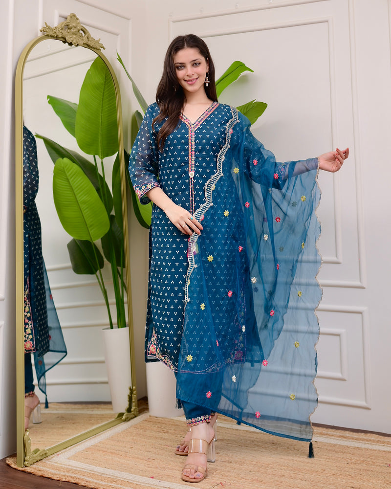 Rama Blue Muslin Handwork Festive Suit
