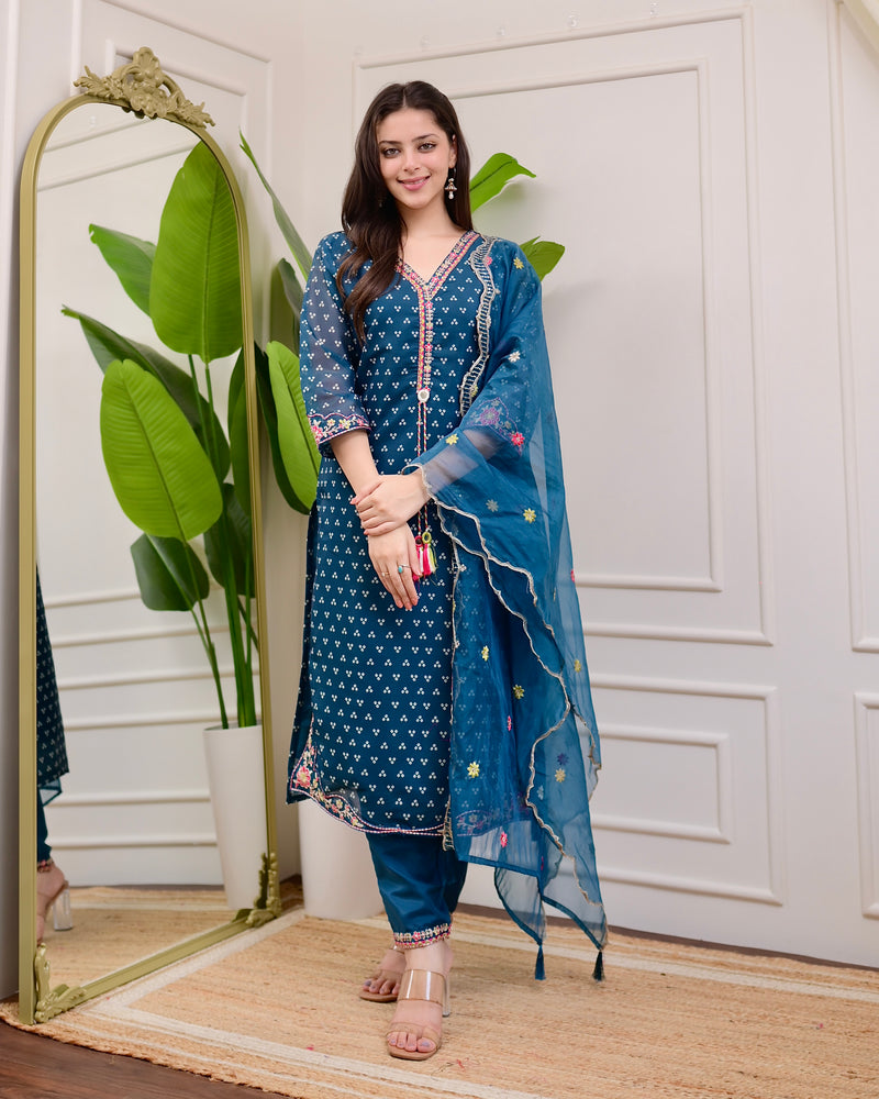 Rama Blue Muslin Handwork Festive Suit