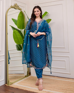 Rama Blue Muslin Handwork Festive Suit