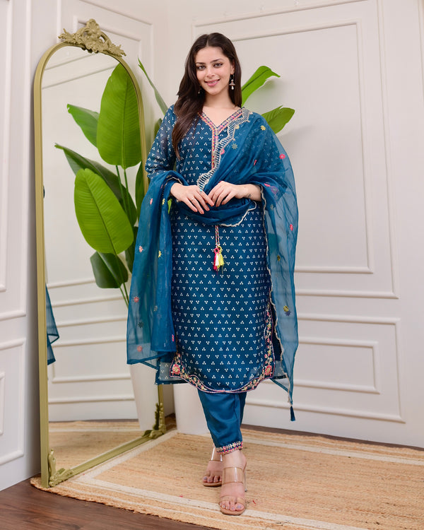 Rama Blue Muslin Handwork Festive Suit