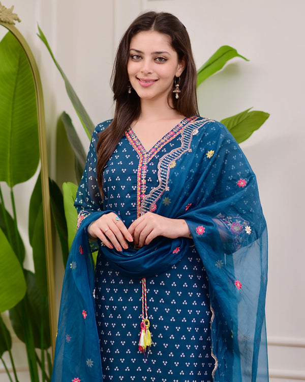 Rama Blue Muslin Handwork Festive Suit