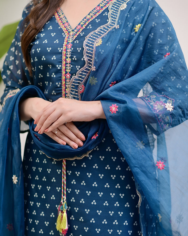 Rama Blue Muslin Handwork Festive Suit
