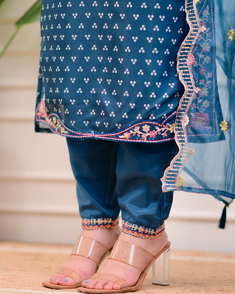 Rama Blue Muslin Handwork Festive Suit