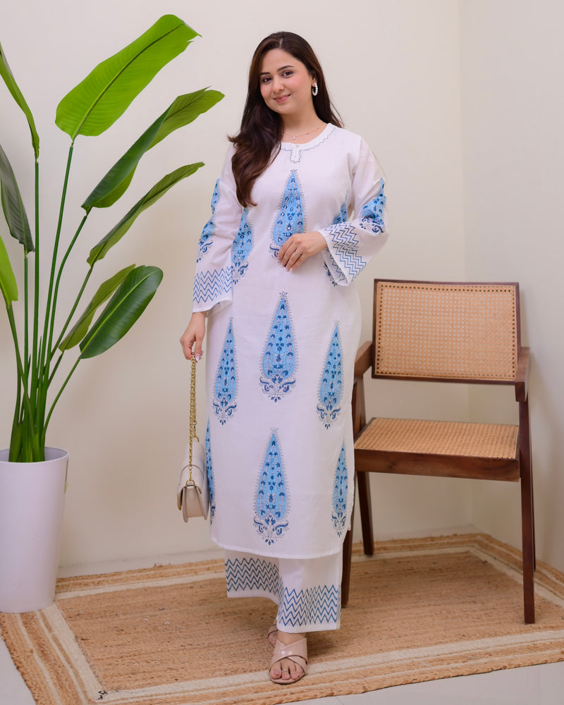 White Blue Pearl Paisley Cotton Kurta Set
