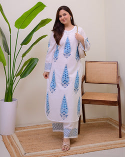 White Blue Pearl Paisley Cotton Kurta Set