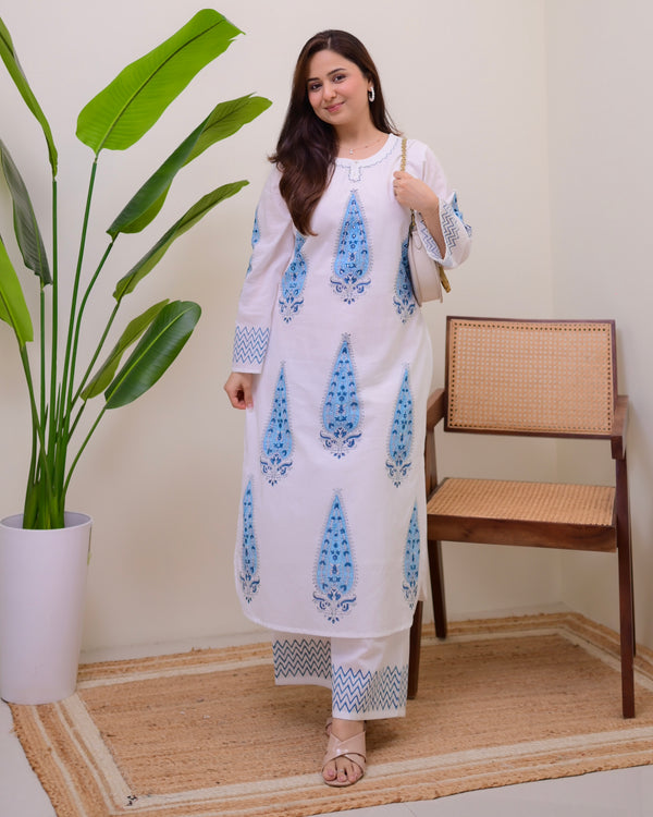 White Blue Pearl Paisley Cotton Kurta Set