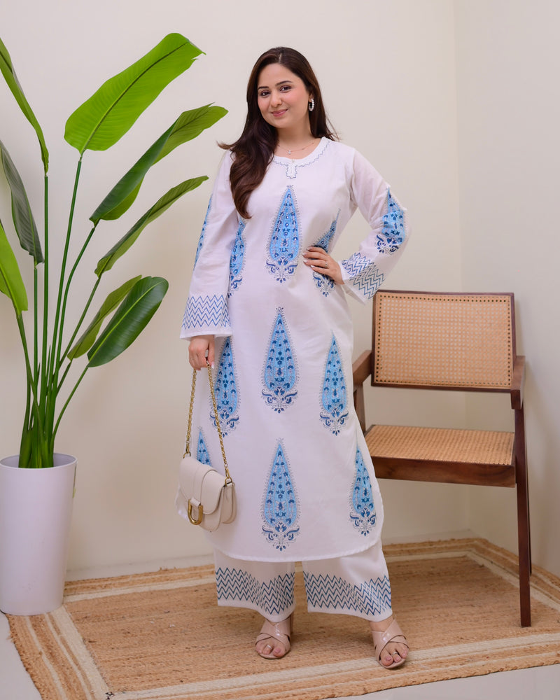White Blue Pearl Paisley Cotton Kurta Set