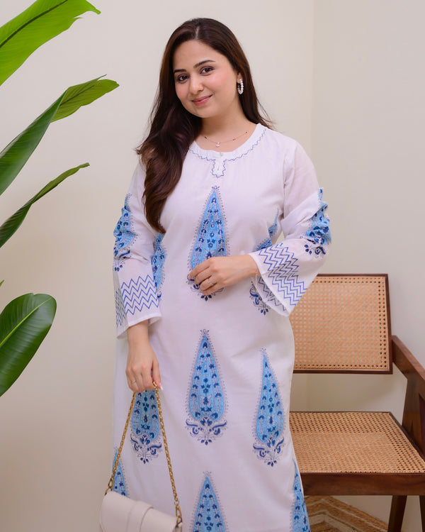 White Blue Pearl Paisley Cotton Kurta Set