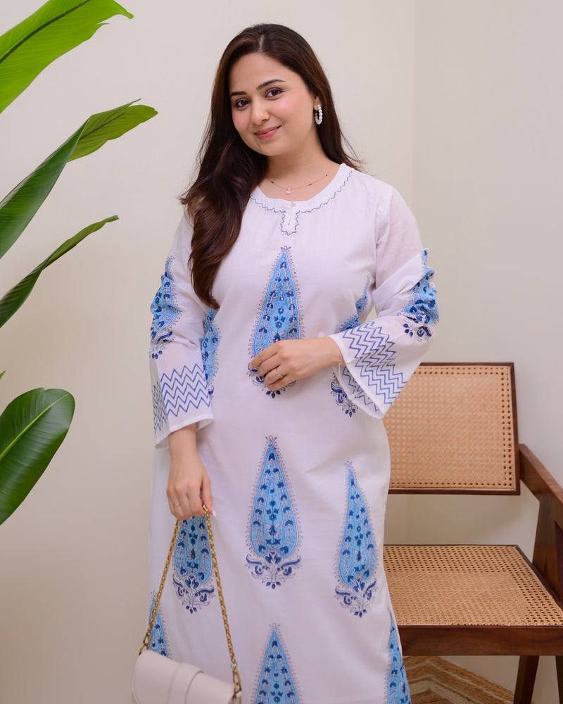 White Blue Pearl Paisley Cotton Kurta Set