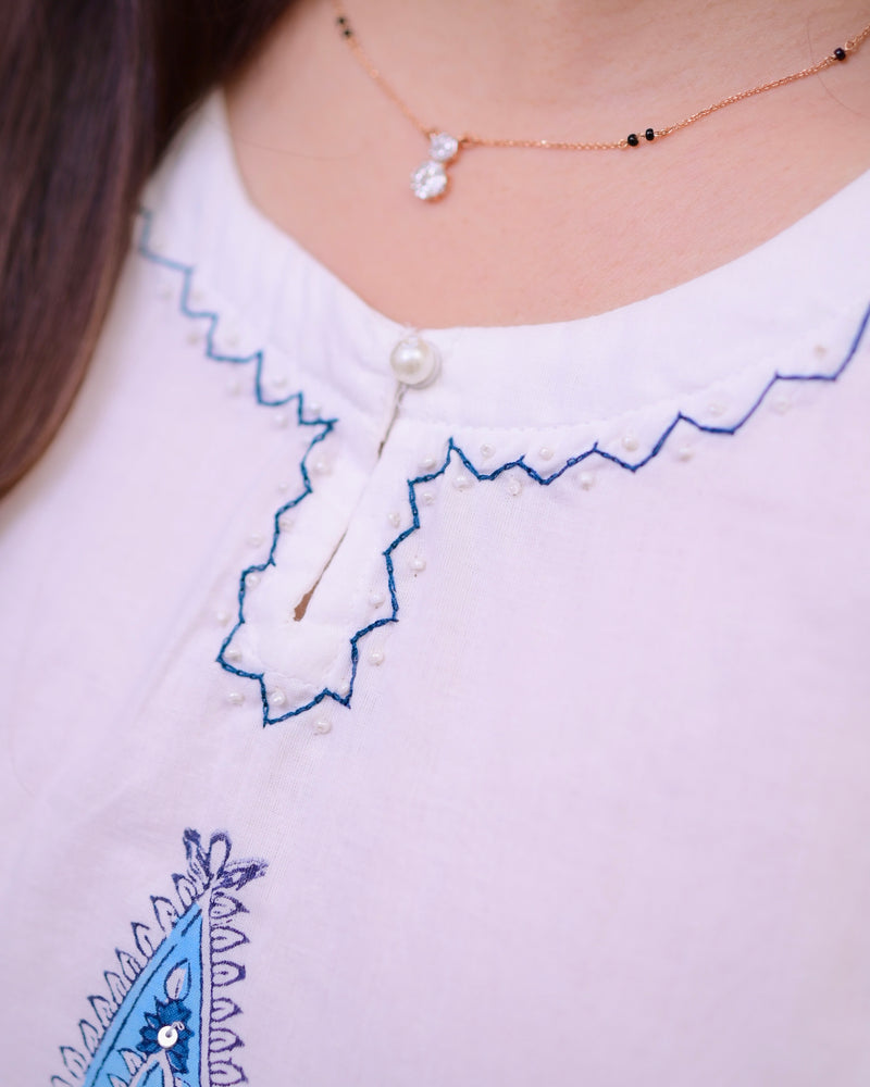 White Blue Pearl Paisley Cotton Kurta Set