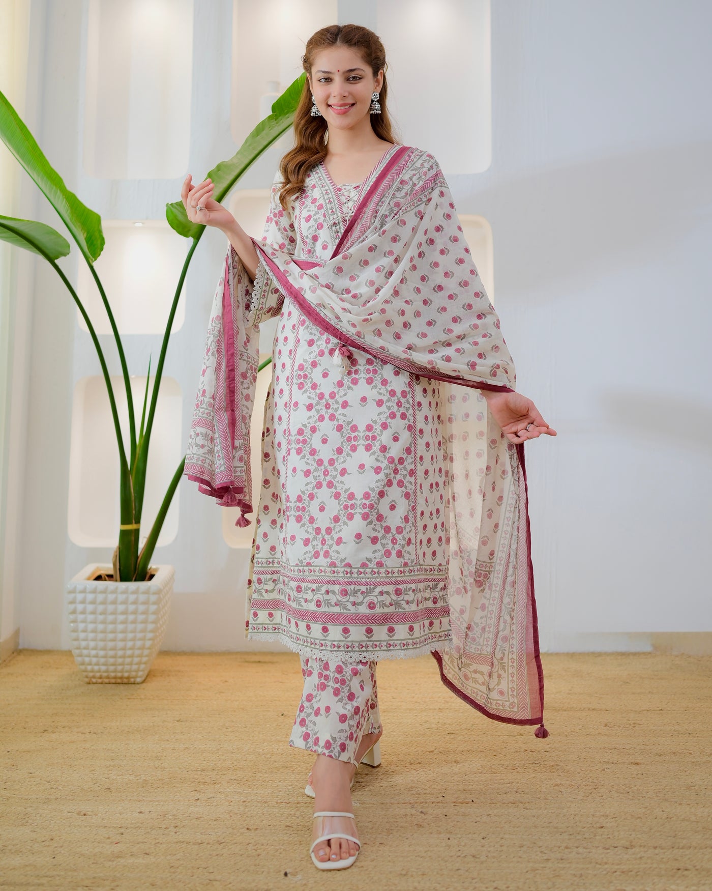 Gulzar Pink Ivory Floral Premium Cotton Suit