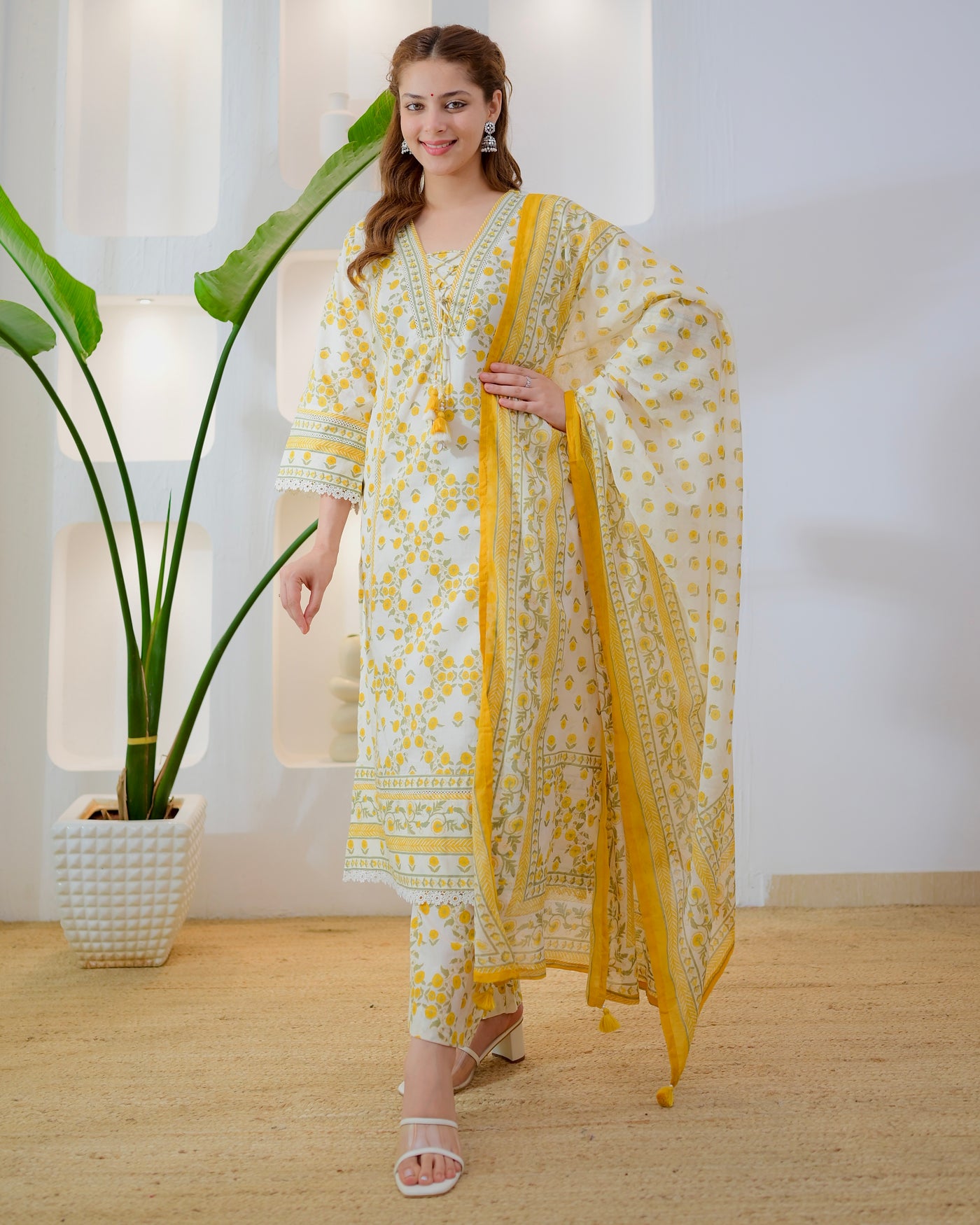 Gulzar Yellow Ivory Floral Premium Cotton Suit