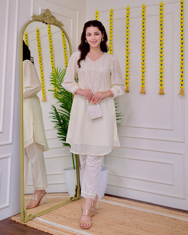 Ivory Schiffli Threadwork Pakistani Co-ord