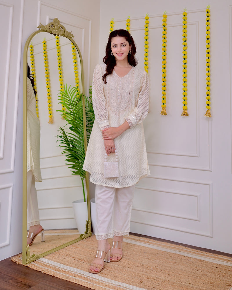 Ivory Schiffli Threadwork Pakistani Co-ord