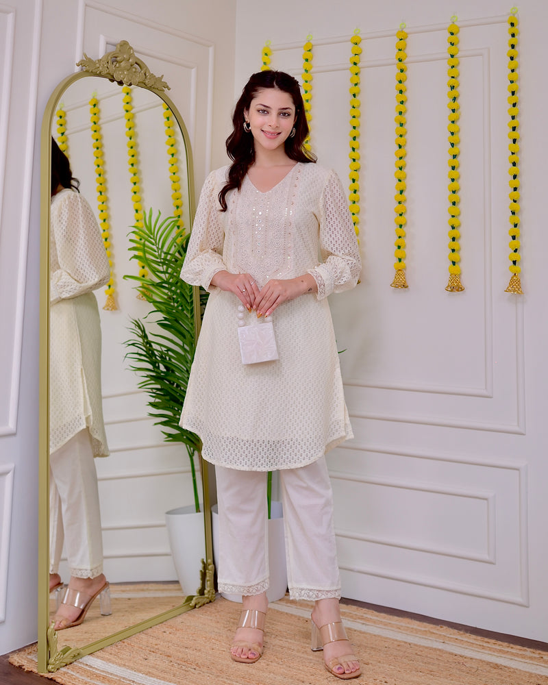 Ivory Schiffli Threadwork Pakistani Co-ord