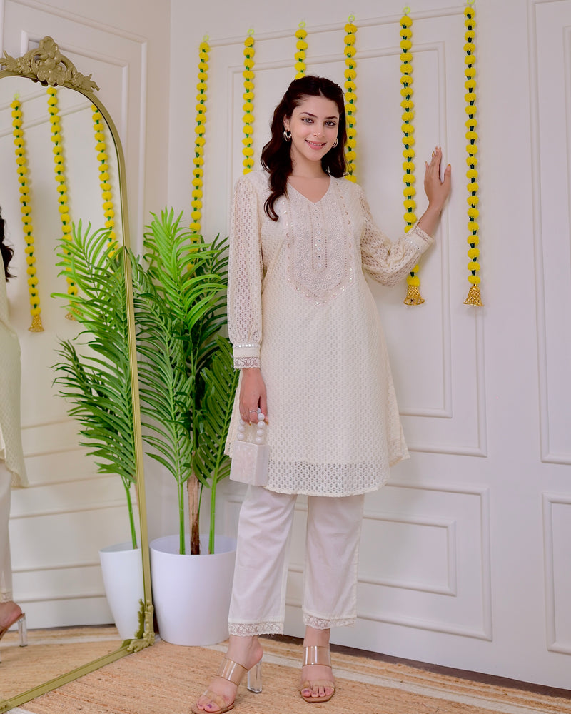 Ivory Schiffli Threadwork Pakistani Co-ord