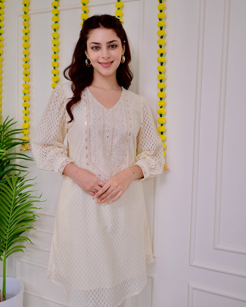 Ivory Schiffli Threadwork Pakistani Co-ord