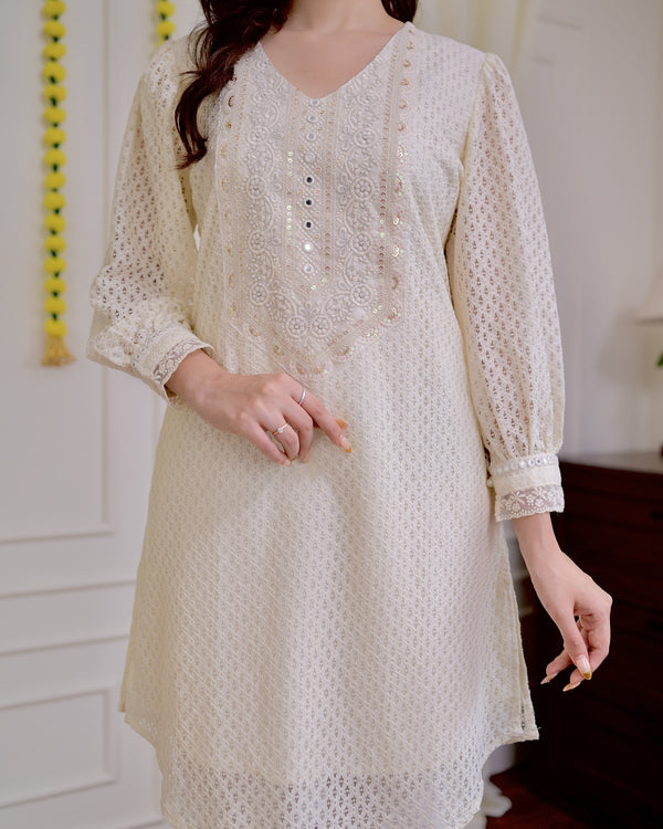 Ivory Schiffli Threadwork Pakistani Co-ord