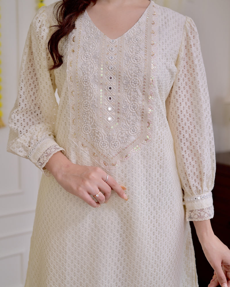 Ivory Schiffli Threadwork Pakistani Co-ord