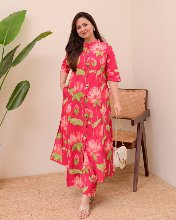 Pink Lotus Cotton Kurta Palazzo Set