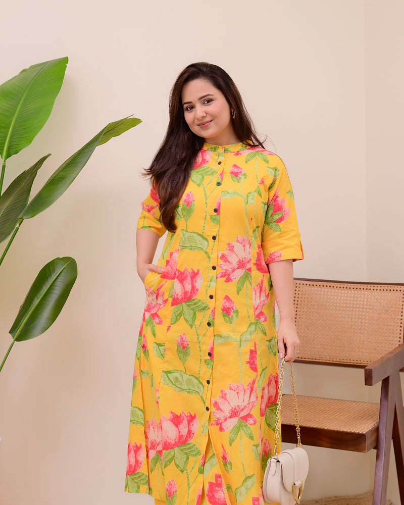 Yellow Lotus Cotton Kurta Palazzo Set