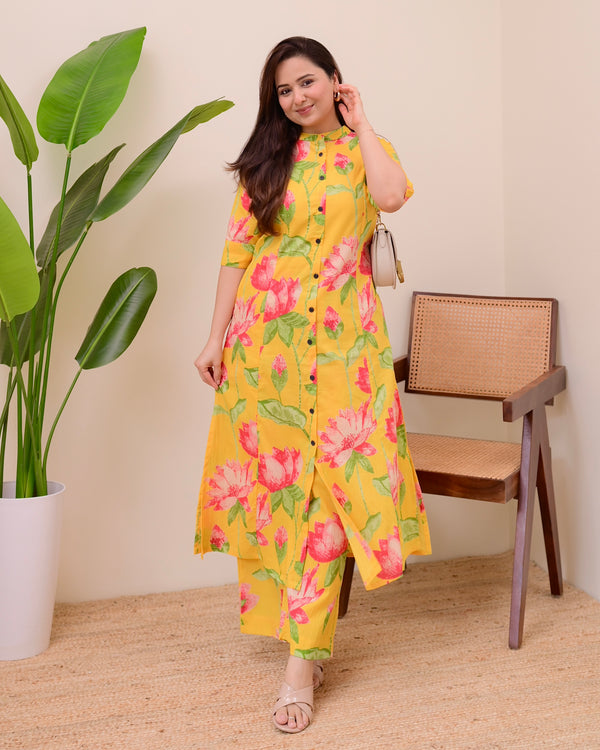 Yellow Lotus Cotton Kurta Palazzo Set