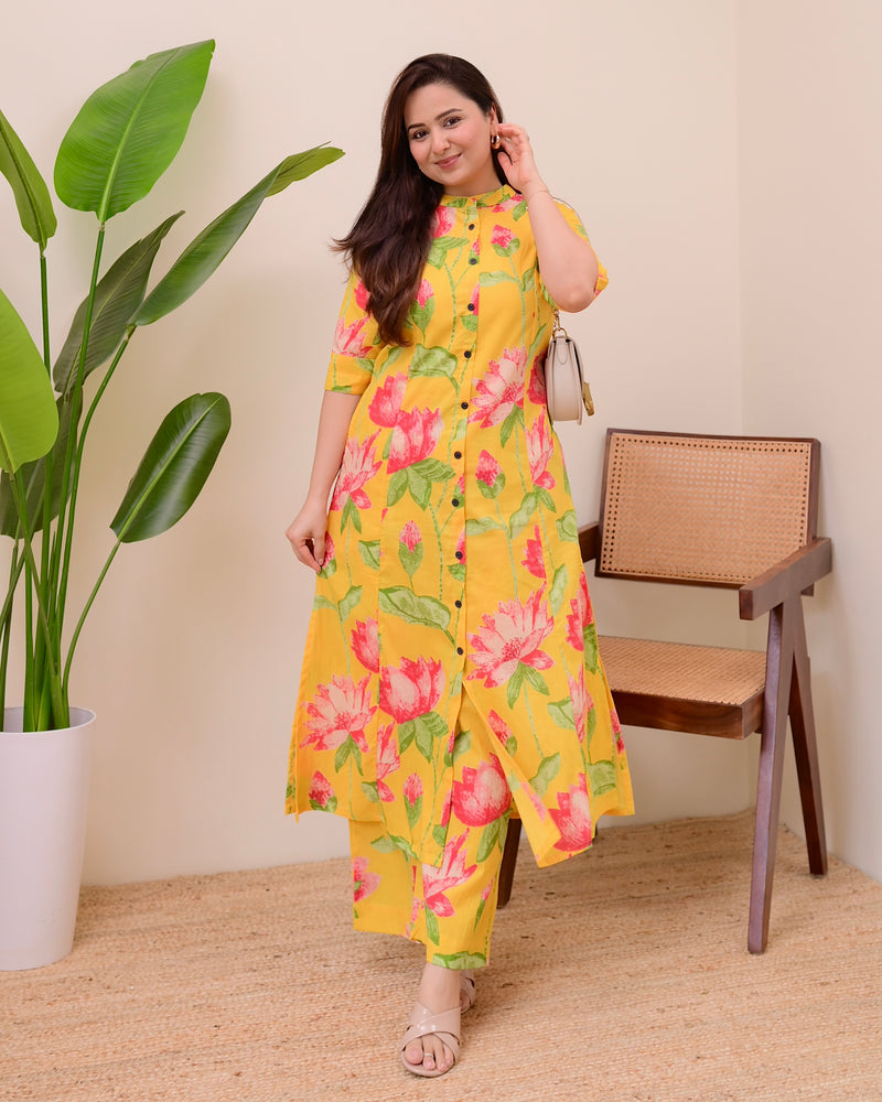 Yellow Lotus Cotton Kurta Palazzo Set