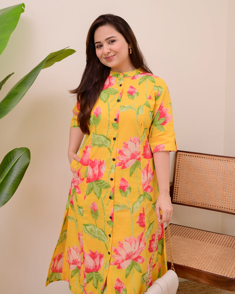 Yellow Lotus Cotton Kurta Palazzo Set
