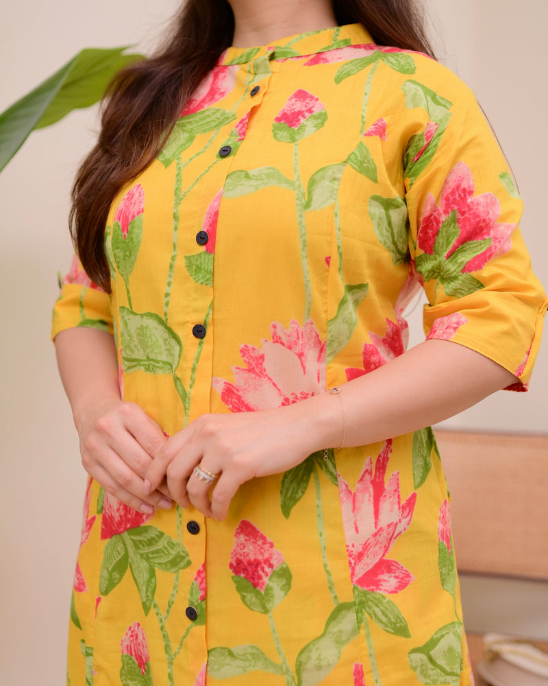 Yellow Lotus Cotton Kurta Palazzo Set