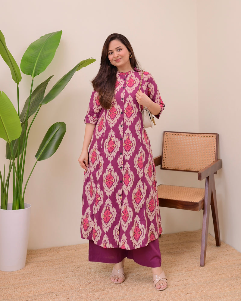 Magenta Baroque Cotton Kurta Palazzo Set