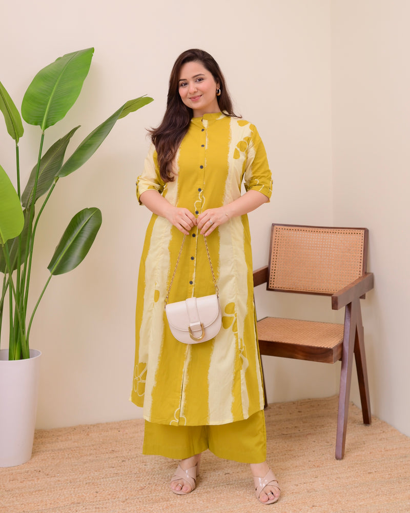 Mustard Tie Dye Cotton Kurta Palazzo Set