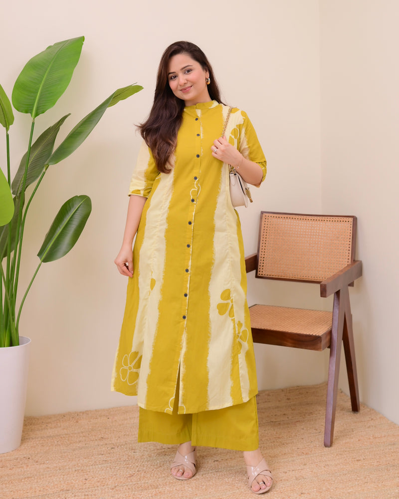 Mustard Tie Dye Cotton Kurta Palazzo Set