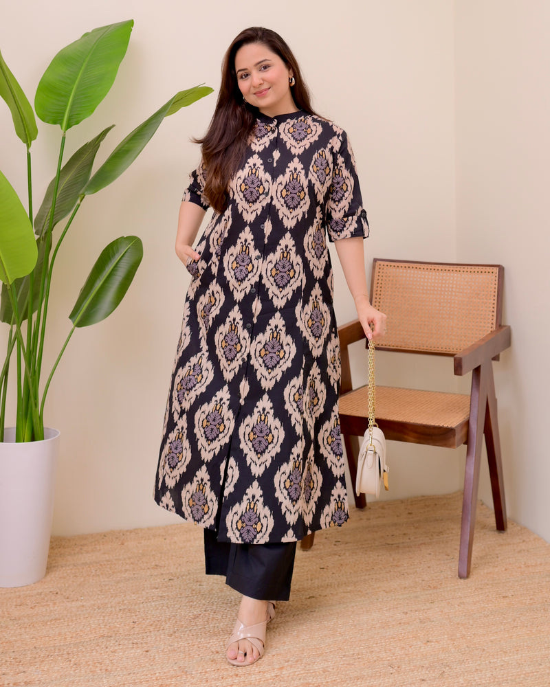 Black Baroque Cotton Kurta Palazzo Set