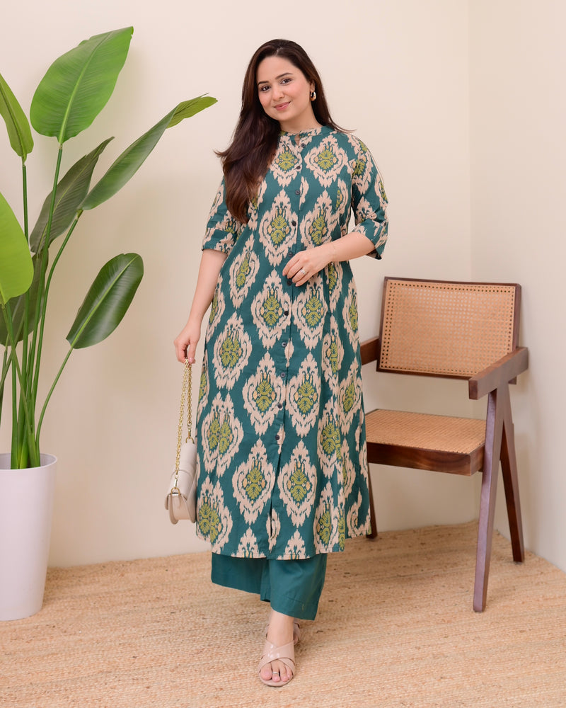 Rama Green Baroque Cotton Kurta Palazzo Set
